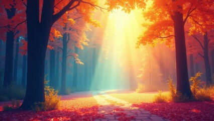 Sunlight filters through the autumn trees, creating a beautiful dappled light effect on the forest path.