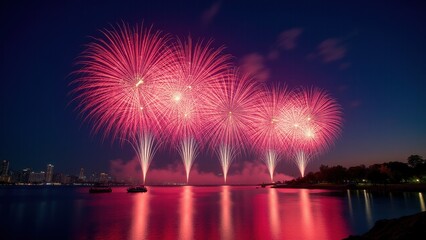 Spectacular fireworks light up the night sky over a cityscape, reflecting beautifully on the water below.