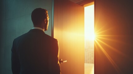 A young entrepreneur opening the door to a bright-lit office, symbolizing the first step toward lasting success.