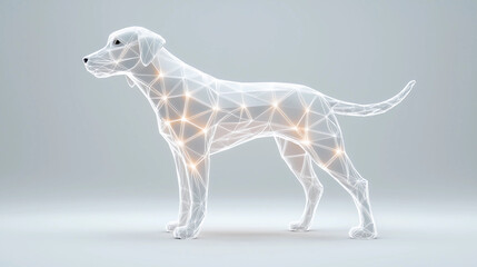 Fototapeta premium A glowing, wireframe representation of a dog against a minimalistic background, showcasing a blend of technology and animal form.
