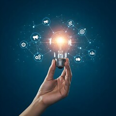 hand holding light bulb, marketing advertising banner 