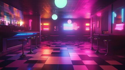 A futuristic bar interior with vibrant neon lighting elements everywhere