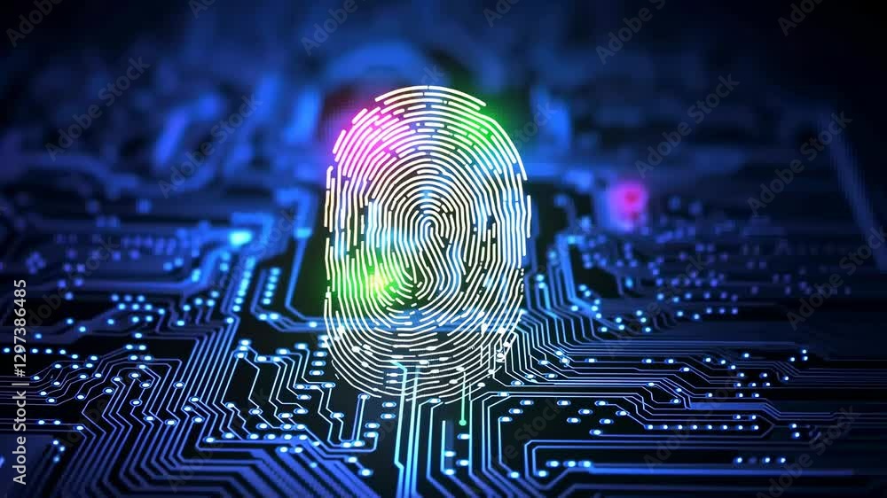 Poster futuristic video concept of a glowing fingerprint on a circuit board. top-down angle highlights digi