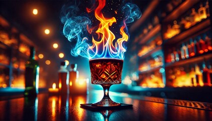 A visually stunning, high-resolution image of a flaming cocktail in an elegant glass. The drink has a deep, rich color, with bright blue and orange flame