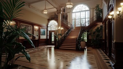 Fototapeta premium Elegant interior of a grand hall featuring a staircase, lush plants, and large windows