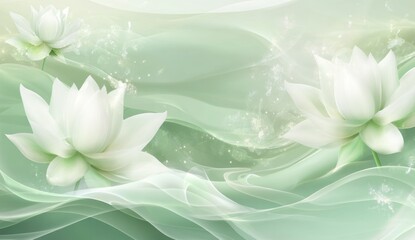 Delicate white lotus flowers on flowing mint green background