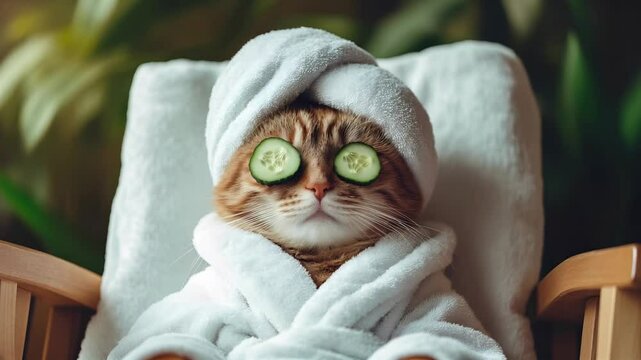 A cute cat dressed in white robe, with towel on it head and with a pieces of cucumber on its eyes relaxing at the spa. Beauty ritual. Therapeutic laziness, bedrotting. Footage, 4k