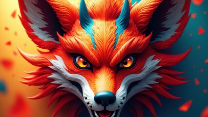 A vibrant fox demon mask with intense orange and blue colors, sharp features, and piercing eyes.