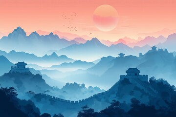 Great Wall of China winding through majestic mountains at sunset