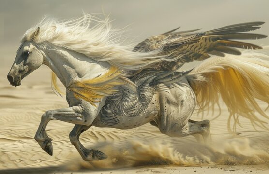 A white horse with wings runs across the sand. AI.