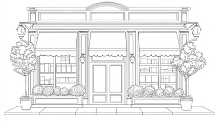 Fototapeta premium Classic Store Front, Line Drawing, Side View, Blank Interior