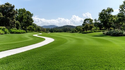 Lush golf course path under a clear sky. Scenic view.  Possible use Stock photo