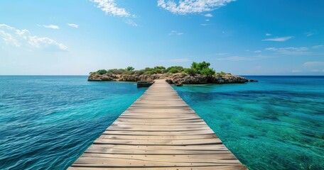 Naklejka premium Wooden boardwalk leading to a small island. AI.