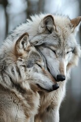 Fototapeta premium Two wolves cuddling with their eyes closed. AI.