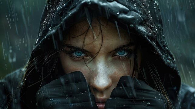 A woman with intense blue eyes stares into the camera, standing in the rain. AI.