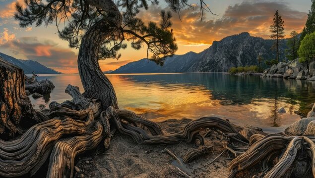 A tree with exposed roots sits on the shore of a lake at sunset. AI.