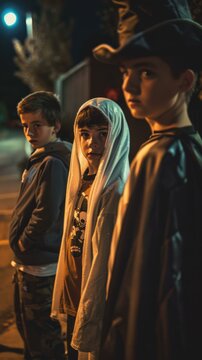 Three boys standing together, looking at something off camera. AI.