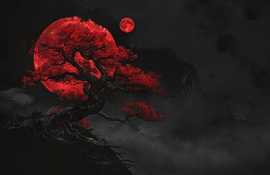 A lone tree stands tall against a blood red moon. AI.