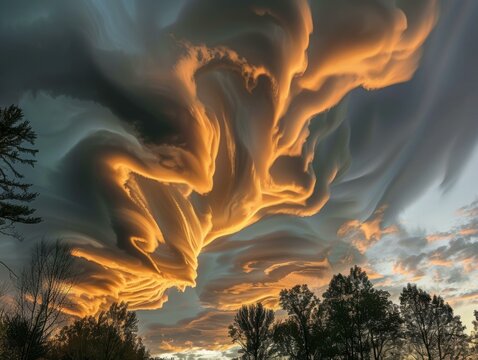 A mesmerizing sunset sky with unusual cloud formations. AI.