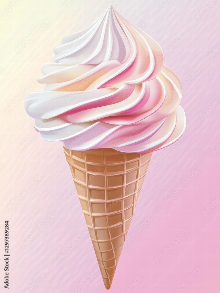 Poster enjoying a delicious ice cream cone with swirls of pink and white on a light pastel background. gene