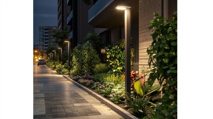 Nighttime urban street lined with illuminated plants and flowers, showcasing a peaceful atmosphere