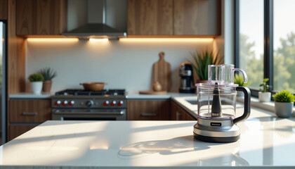 Modern Kitchen Food Processor in Sunlight, Clean Kitchen Counter, Spring Cleaning