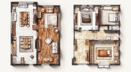 Two-story home floor plans, interior design, furnished rooms, open concept
