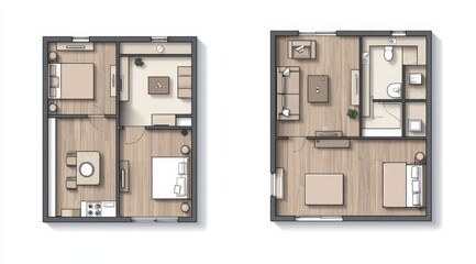 Two-floor apartment floor plans, modern style, open concept, spacious rooms