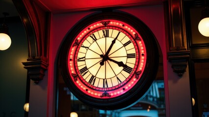 Naklejka premium The grand central clock is illuminated with red lights and features Roman numerals, creating a striking visual in a classic architectural setting.