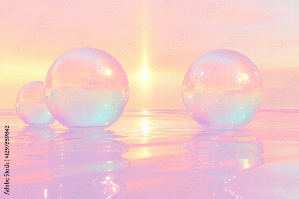 Poster reflection of translucent bubbles on serene water with soft pastel sunset hues. generative ai