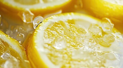 Yellow citrus fruits with ice cubes for refreshing summer drink