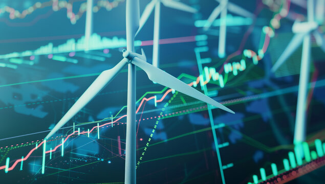 Stock market chart with wind turbines symbolizing green energy and growth displayed on interactive digital screen with global data.