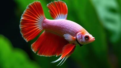A vibrant halfmoon betta fish with striking red and white fins swims gracefully against a green background.