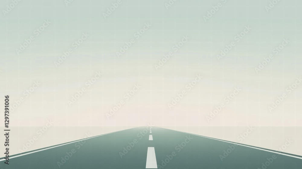 Poster long empty highway stretching into the distance under a pale sky with soft light illuminating the su