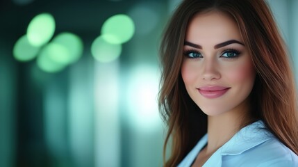 Fototapeta premium A young woman with long hair smiling softly against a blurred background.