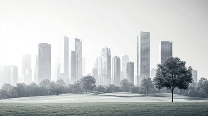Fototapeta premium Cityscape park early morning fog. Possible stock photo use showcasing urban environment, tranquil morning, modern architecture