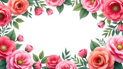 Happy Mother's Day floral frame with vibrant pink and peach flowers and green leaves surrounding a white background.