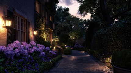 Serene evening garden pathway illuminated by soft lights and blooming flowers in a tranquil setting