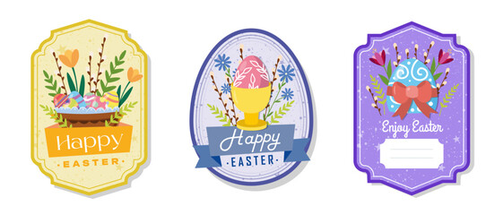 Easter greeting gift labels and tags collection with egg cup, eggs and flowers. Spring holiday template for seasonal wrapping, packaging, stickers. Colored flat vector illustration