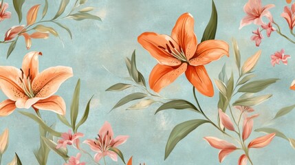 Obraz premium Pastel blue background with vibrant floral pattern