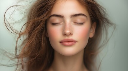 Fototapeta premium A young woman with flowing hair and closed eyes, showcasing a serene expression against a soft background.