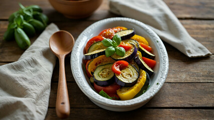 Fresh Ratatouille — a classic French vegan vegetable stew featuring eggplant, zucchini, bell peppers, tomatoes, and onions, seasoned with aromatic herbs (Selective Focus, centered in the image).