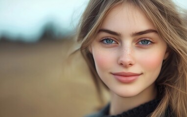 A young woman with blue eyes and natural makeup smiling softly in a blurred outdoor background.