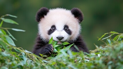 Fototapeta premium Cute panda cub eating bamboo leaves in forest