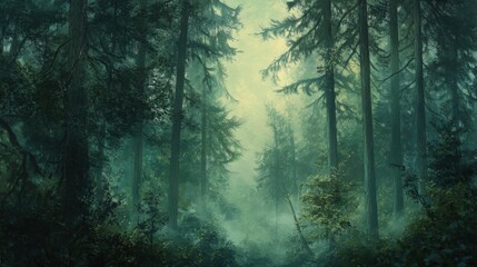 Fototapeta premium Misty evergreen forest with serene atmosphere