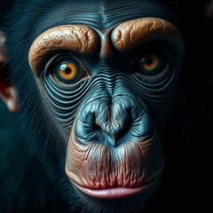 Close-up portrait of a bonobo monkey with intense orange eyes, creating a captivating and emotional atmosphere 