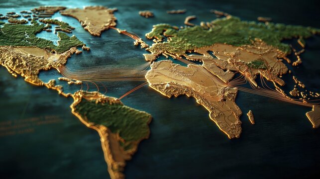 Detailed 3D map of the world showcasing geographical features and trade routes