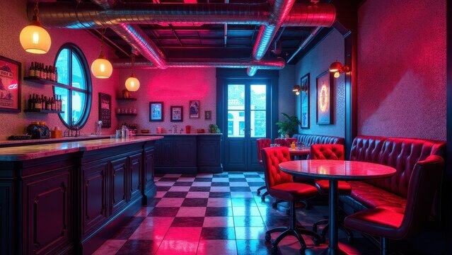 A steampunk-inspired interior design featuring a bar with dark wood, exposed pipes, and red leather seating, illuminated by warm lighting.