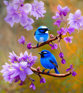 Blue Wrens on a branch with flowers 