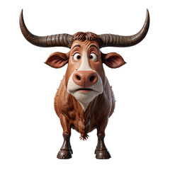 Cut out image of a cute, cartoonish brown bull with large horns, looking directly at the camera.